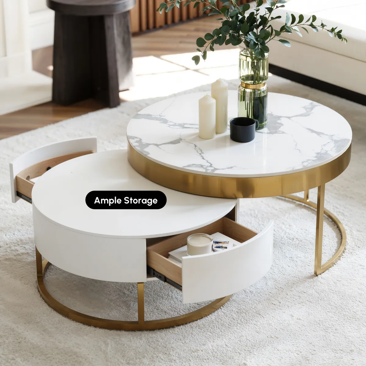 Nesnesis 28"-32" Round Nesting Walnut Coffee Table Set with Sintered Stone Top — image 18