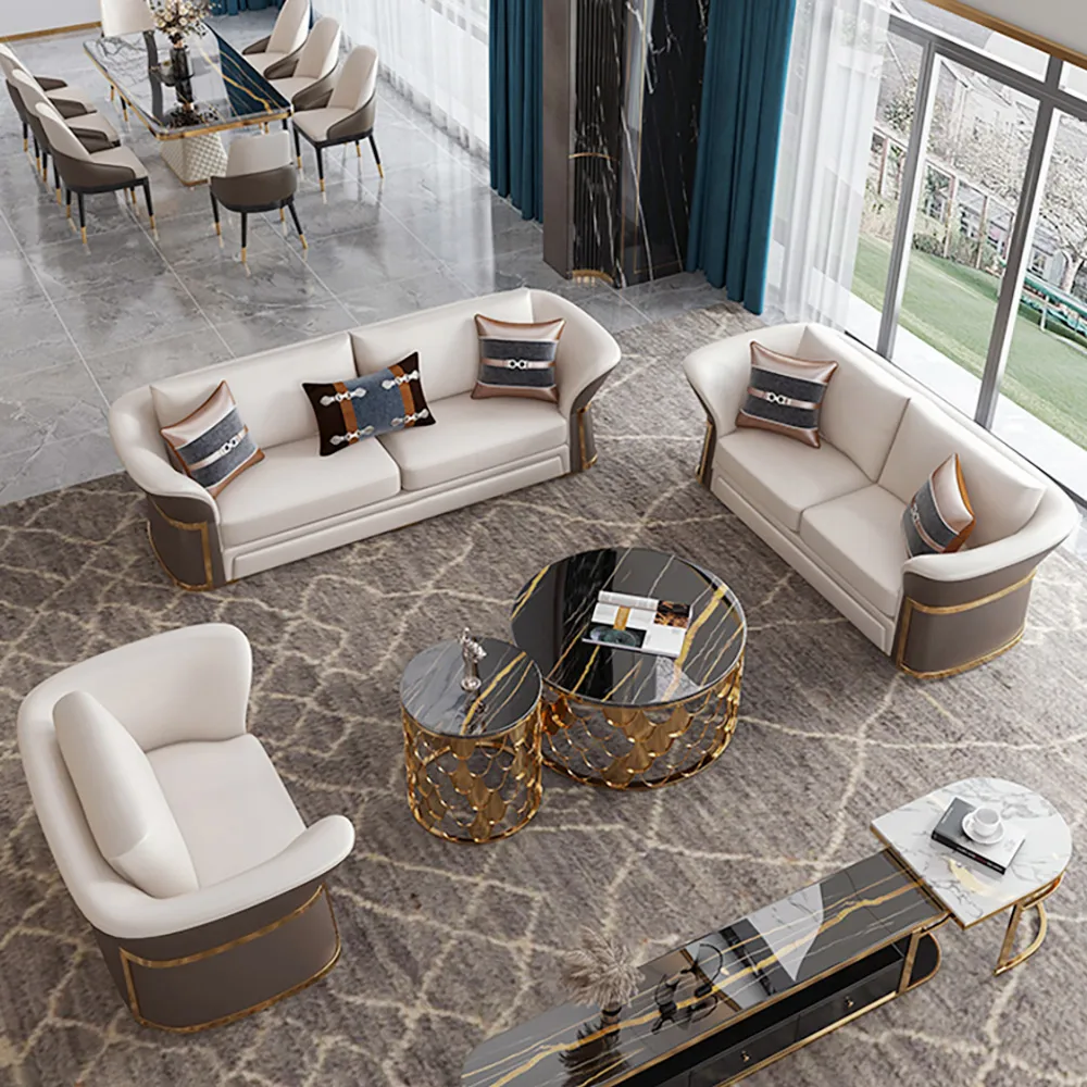 Modern Faux Leather Living Room Sofa Set in Brown & — image 3