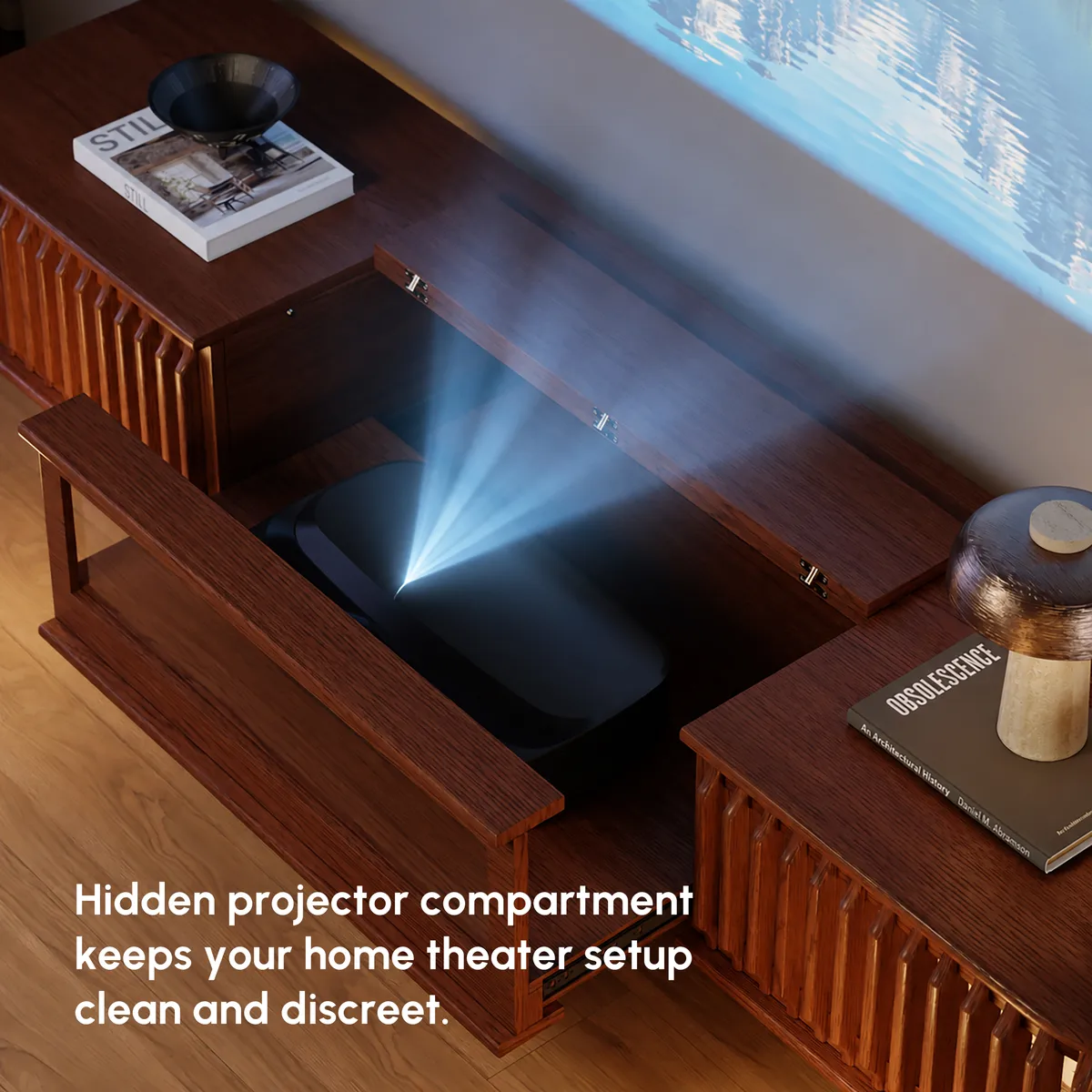 80" Ash Wood Fluted Walnut Projector TV Stand with LED — image 6