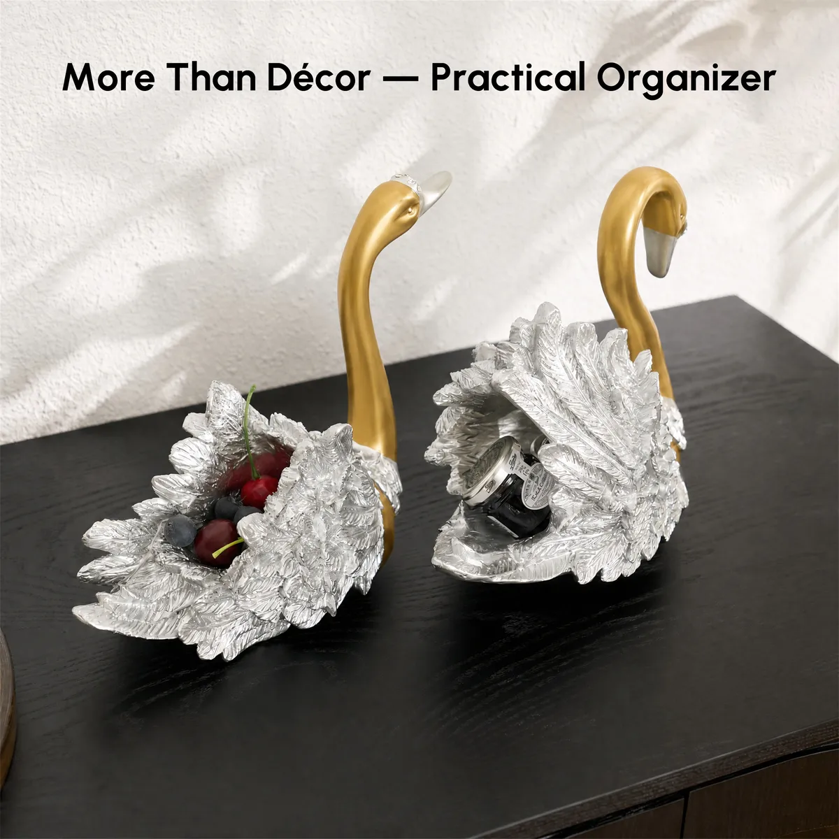 2-Piece Resin Swan Figurines, Black & Gold Decorative Storage Set — image 17