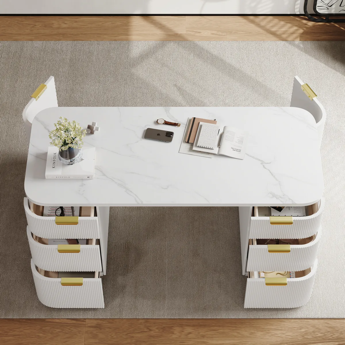 Modern White Ash Wood Rectangle Desk & Reclining Leather Office (63.8") — image 27