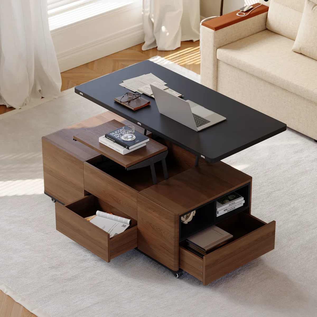 Modern Lift Top Coffee Table Multi Functional Table with 3 Drawers in Walnut &