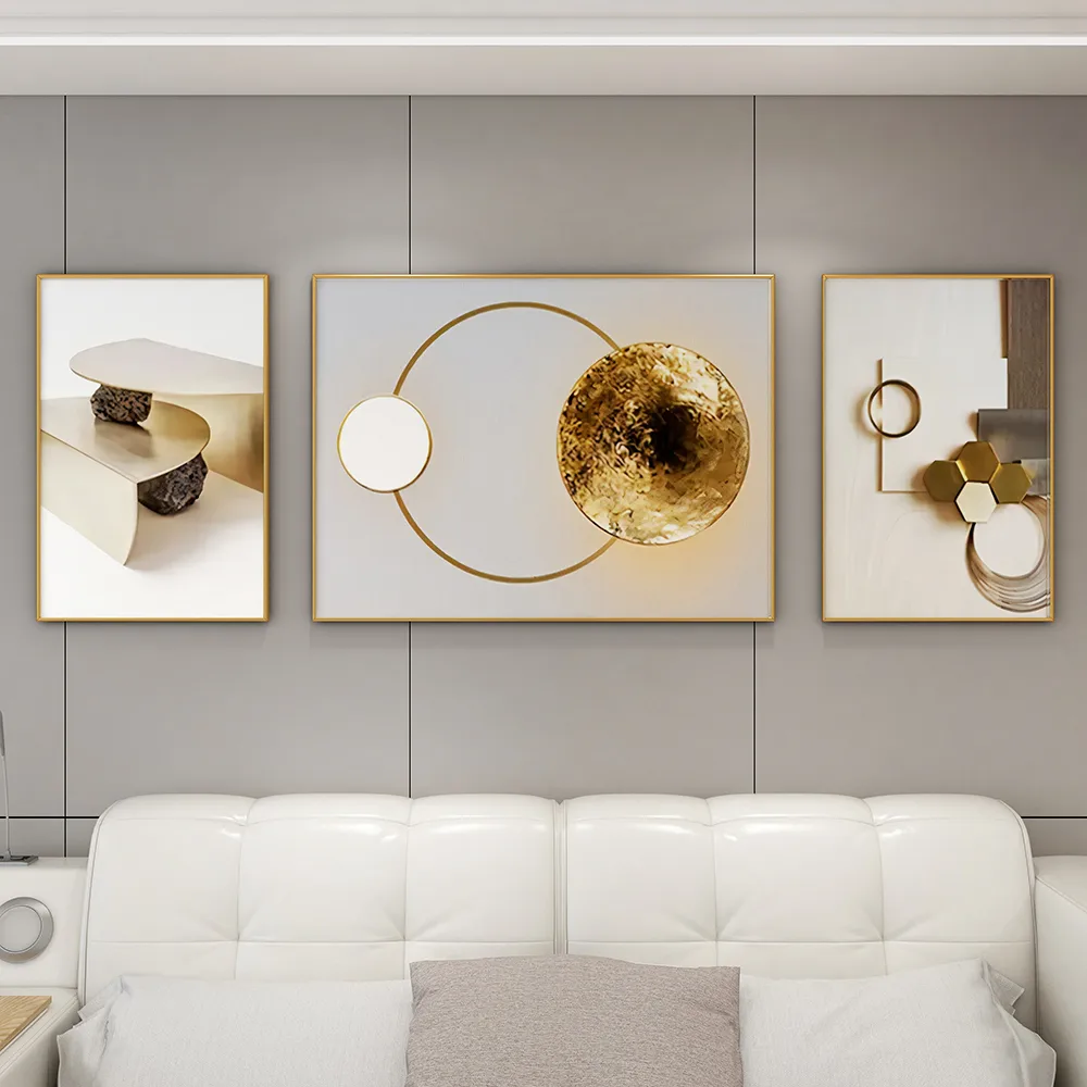 3 Piece White Gold Abstract Canvas Wall Art Set Modern Geometric Wall Decor Canvas Print 63" Wide for Living Room — image 8
