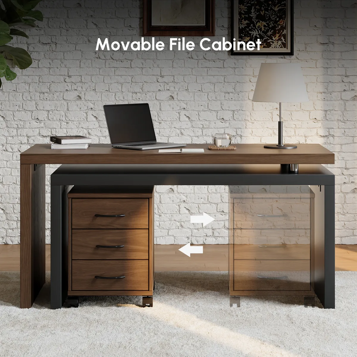 Modern L Shaped Executive Office Desk with with Movable File Cabinet Black & Walnut Swivel Desk Office Furniture (59.8" ) — image 7
