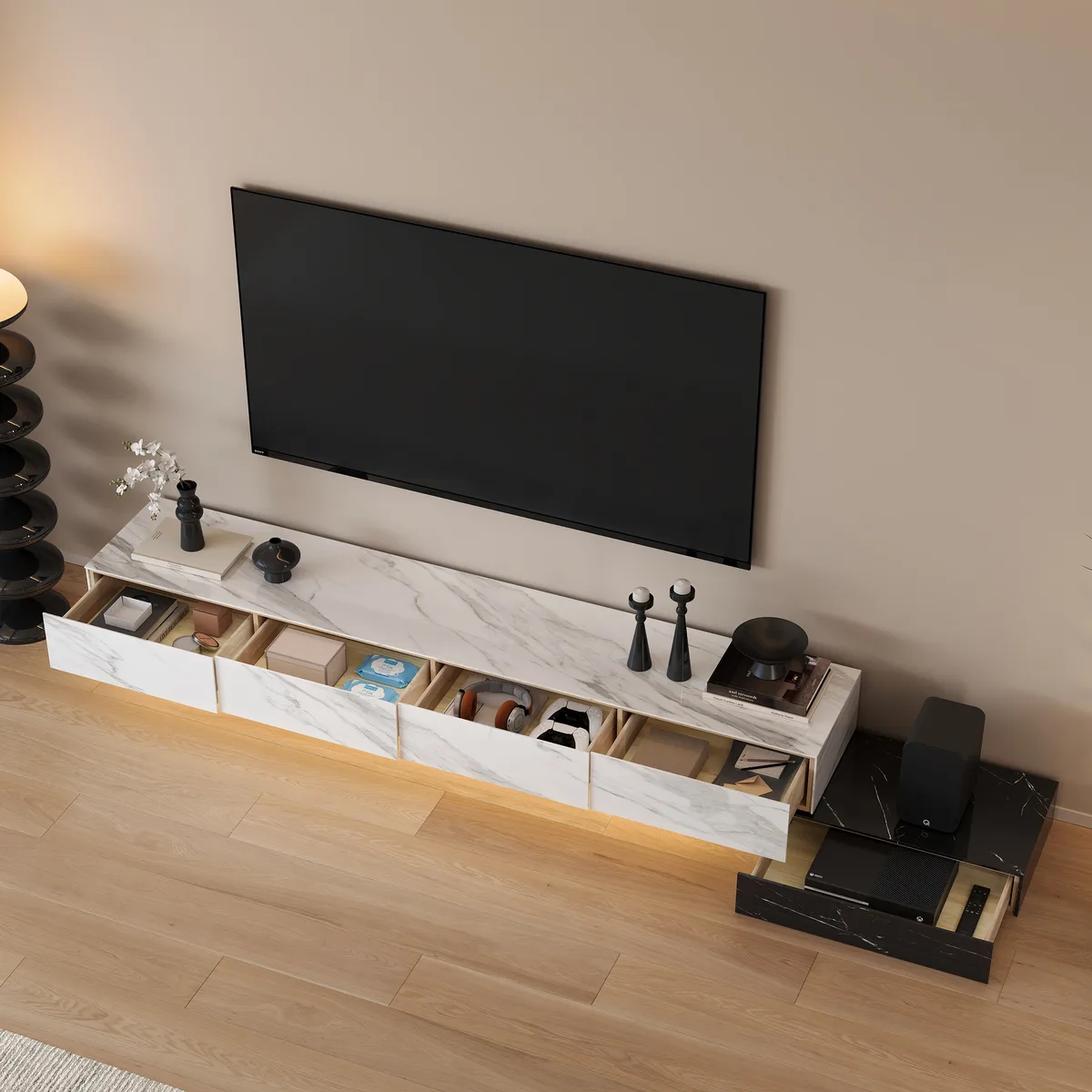 87"-106" Extendable TV Stand with Sintered Stone Top & 5 Drawers — image 6