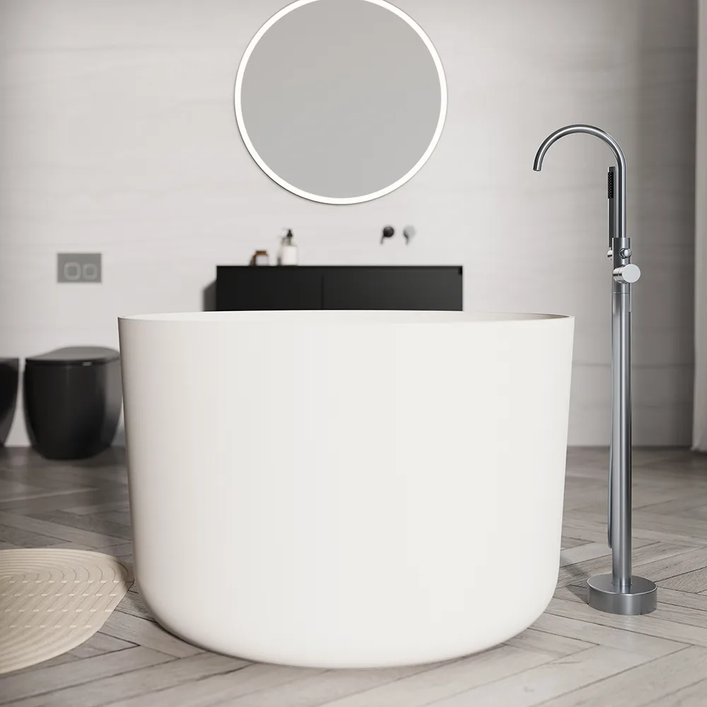 41" Freestanding Japanese Soaking Bathtub Matte White Round Stone Resin Tub — image 4