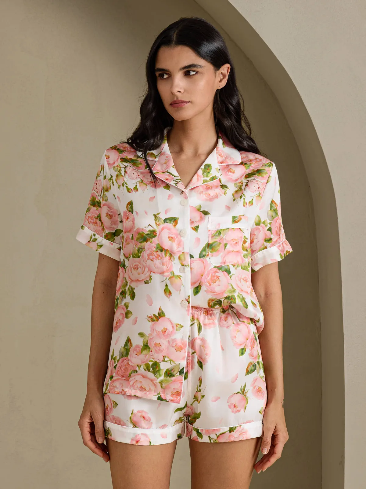 100% Mulberry Silk Women's Peony Print Short Sleeve Pajama Set