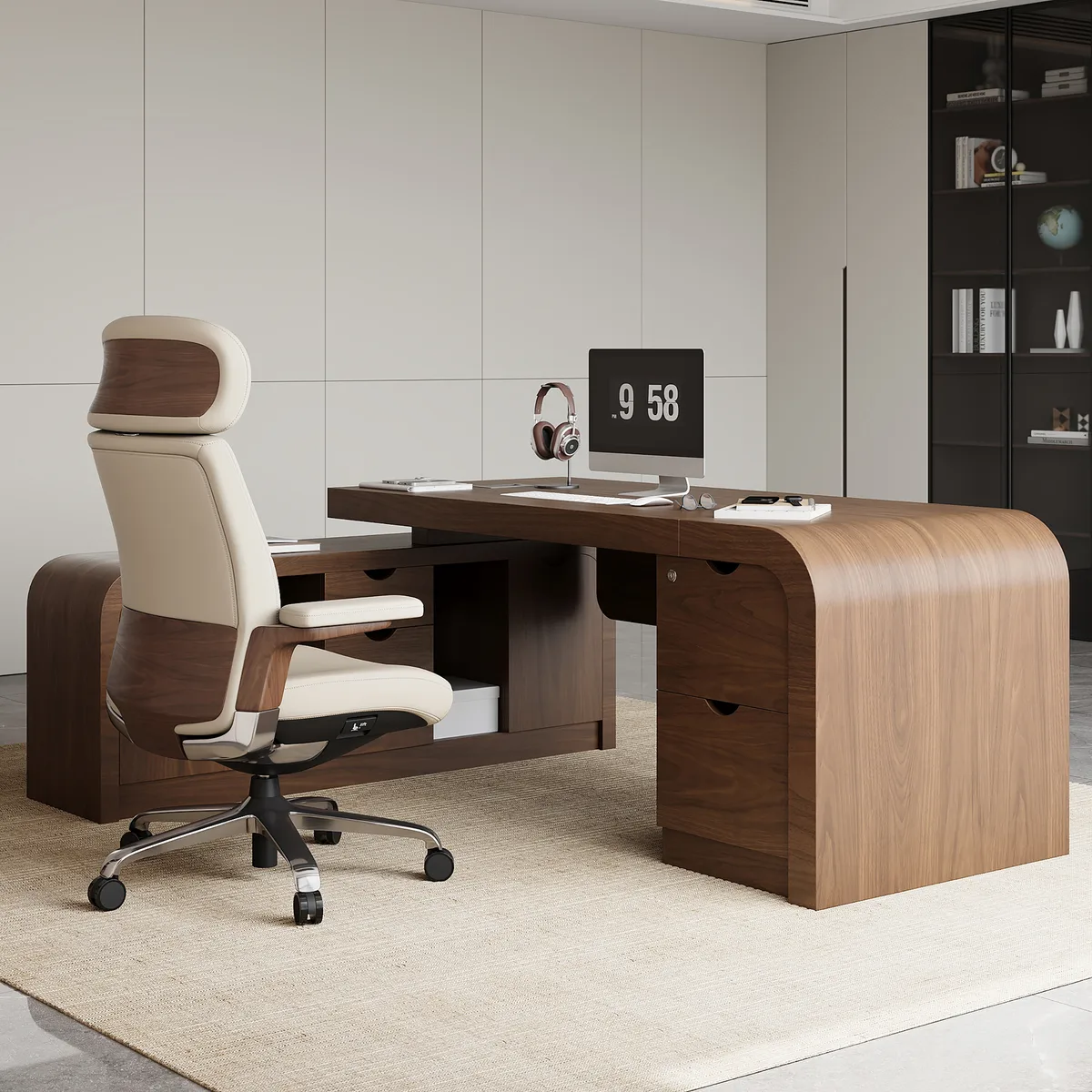 Black Genuine Leather Swivel Office Chair with Ergonomic Synchro-Tilt Recline System — image 16