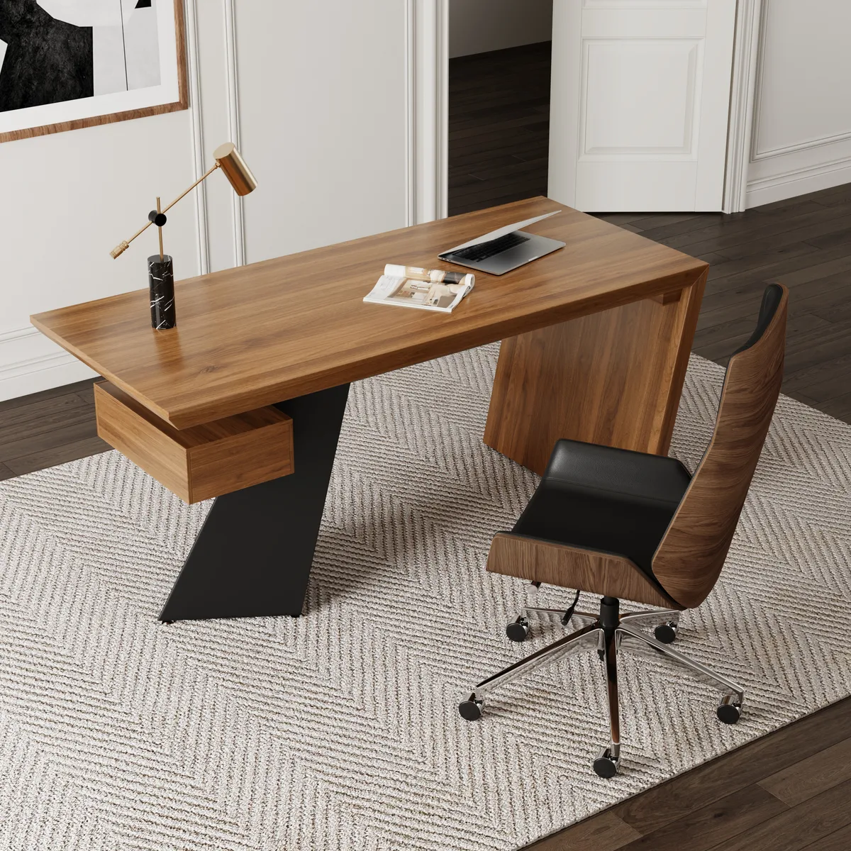 Set Industrial Distressed Wood Writing Desk Black Faux Leather Office Chair (70.9")