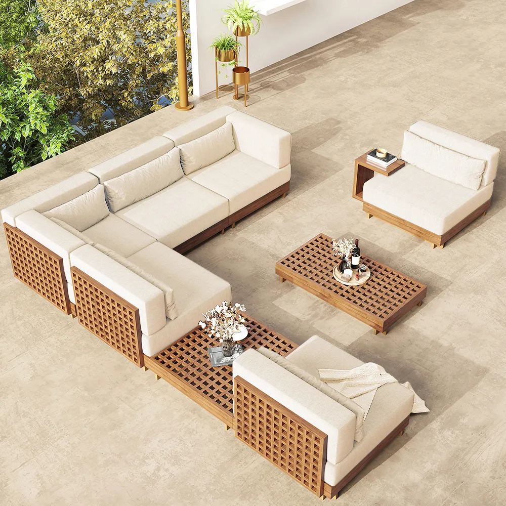 Grida 9-Piece Teak Luxury Modular L-Shaped Outdoor Patio Sectional Sofa Set in Gray with Coffee Table and Cushions — image 2
