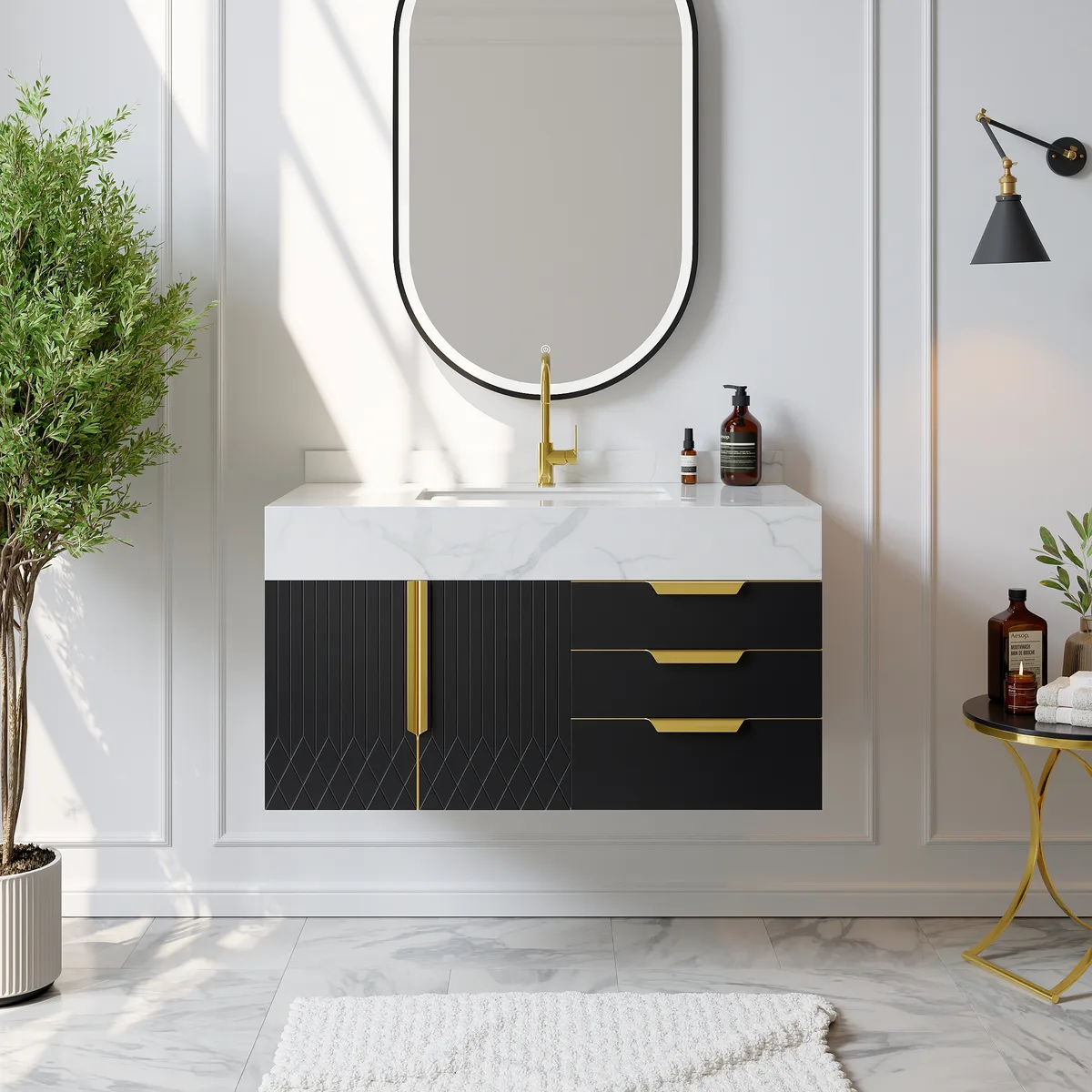 59" Wall Mounted Bathroom Vanity Faux Marble Top with Double Sink — image 2