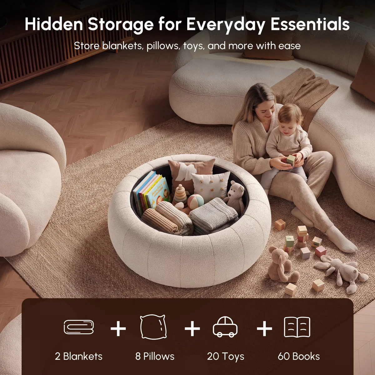 Modern 39" Round Performance Leather Ottoman Coffee Table with Hidden Storage — image 20