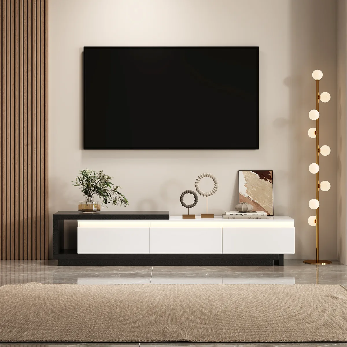 Quoint 100.4" Modern TV Stand Retracted & Extendable 3-Drawer Light Media Console — image 25