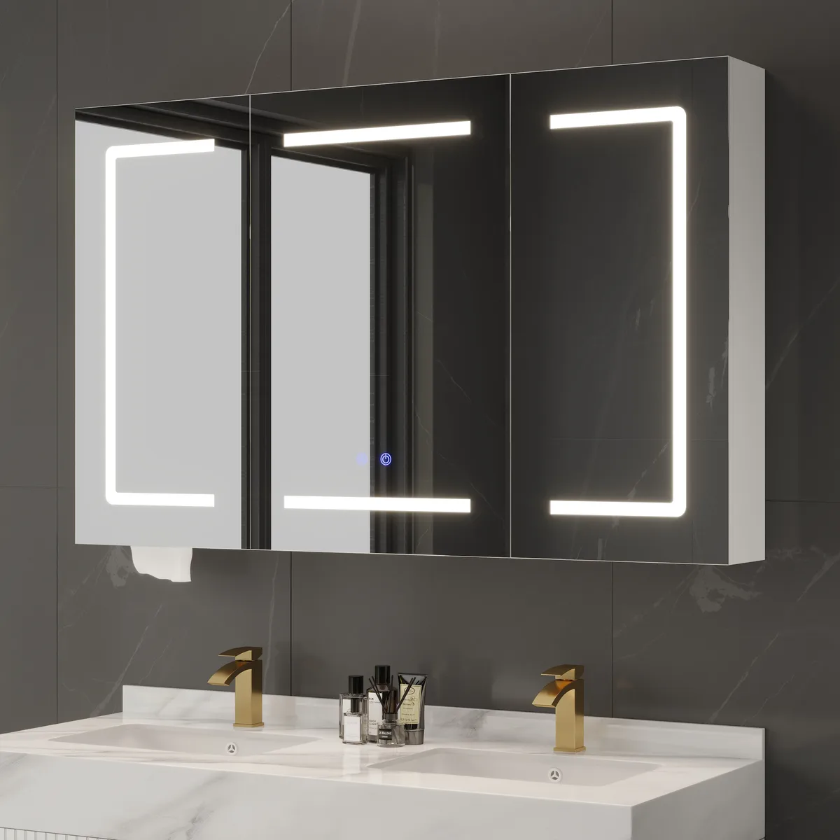47" LED Bathroom Medicine Cabinet Dimmable with Defogger, Tissue Slot and Outlet — image 3