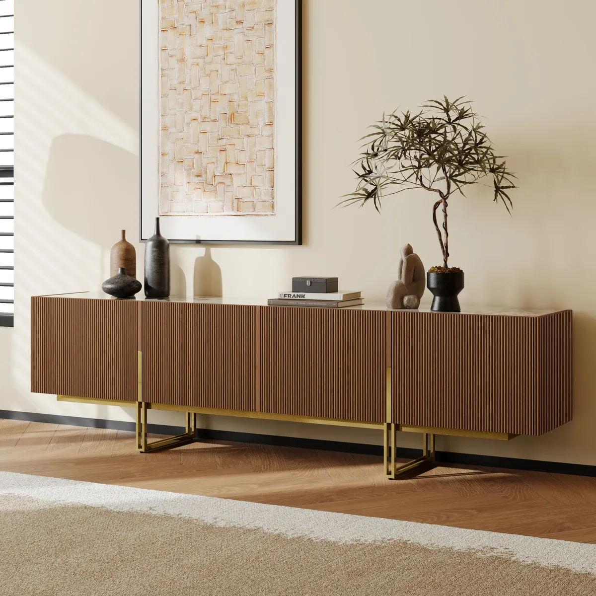 87" Stone Top Walnut TV Stand Minimalist Media Console with 4 Doors & 6 Shelves — image 3