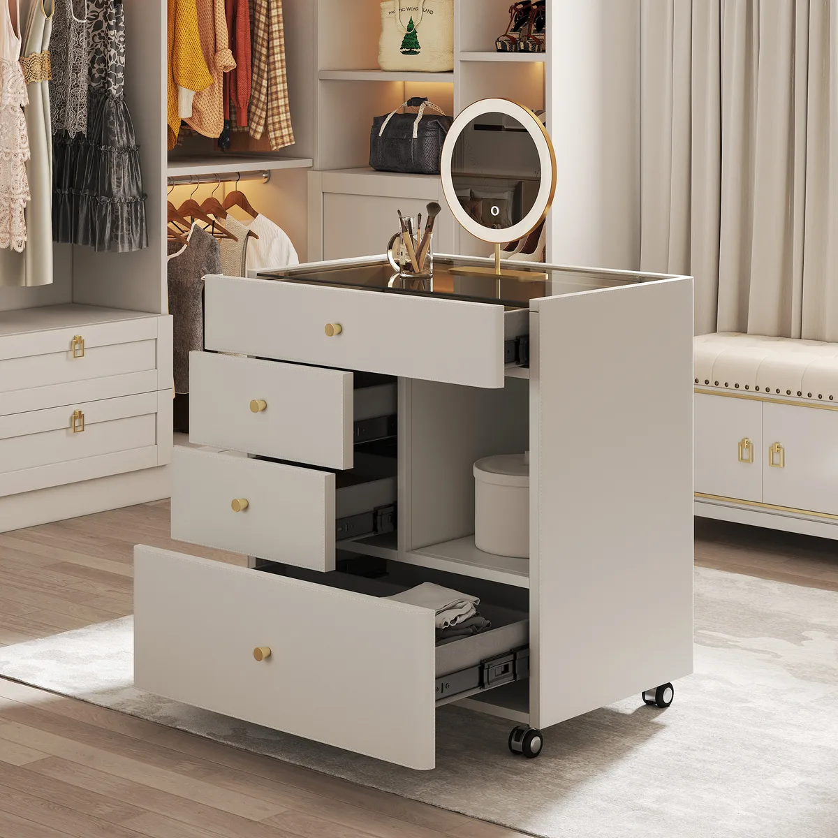 Saddle Leather Walk-In Closet Island Jewelry Dresser with Glass Top — image 2