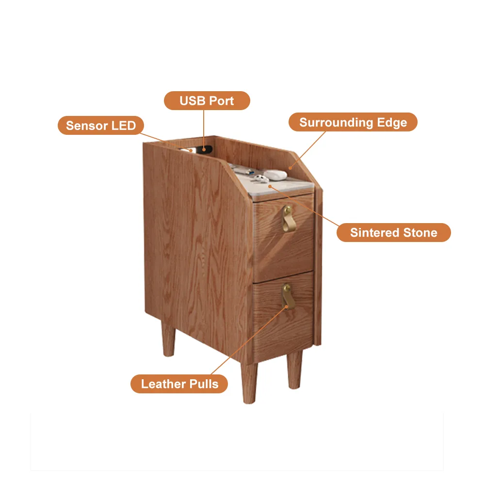 Modern Narrow Smart Nightstand Cherry Bedside Table with Sensor Light & USB Port — image 4