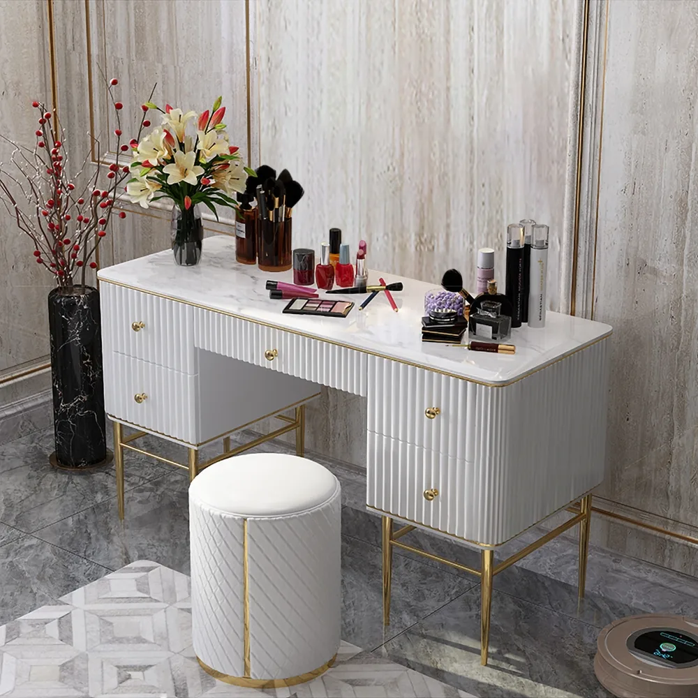 Bline White Makeup Vanity Table Marble Dressing Table with Drawers Gold Stainless Steel