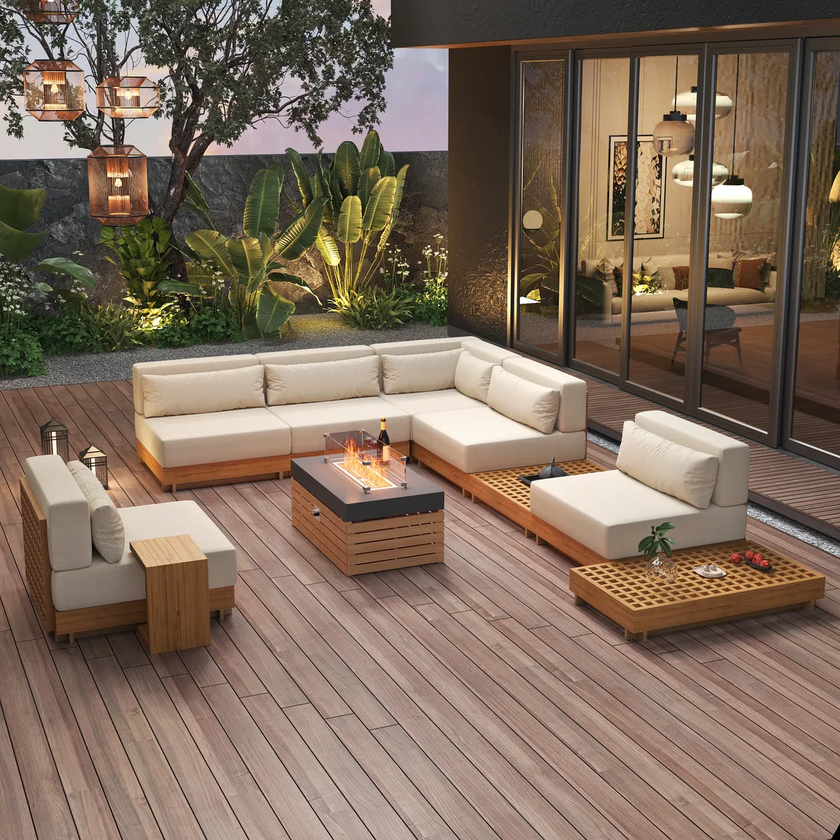 10 PCS Premium Teak Modular L-Shaped Outdoor Sofa Set with Fire Pit & Teak Coffee Table Large Outdoor & Patio Luxury Teak Sofa Set with Fire Pit
