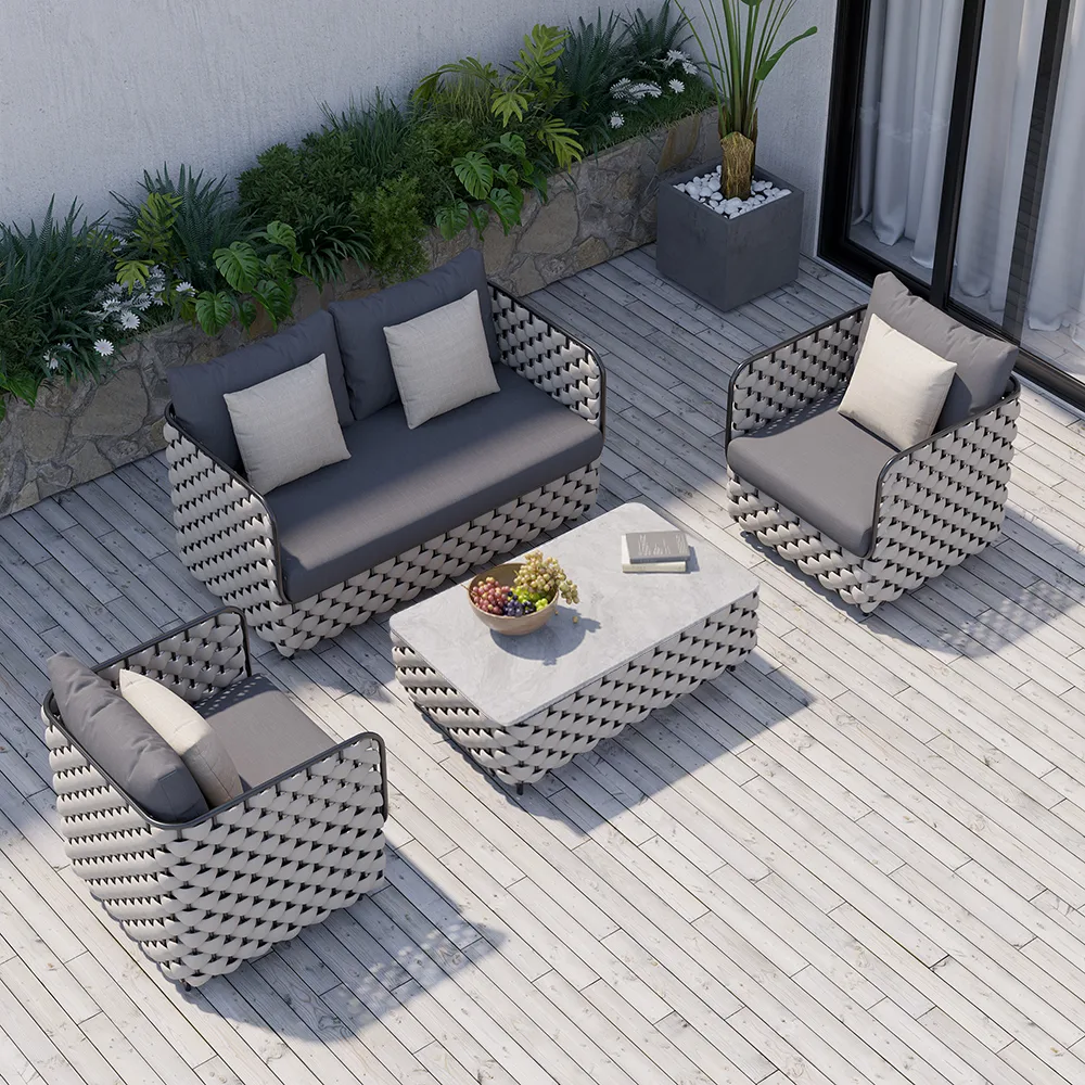Martic 4-Piece Rope Outdoor Sofa Set with Marble Coffee Table Modern Yard & Patio Furniture for 4 Person in Gray Cushion & Pillow Included — image 2