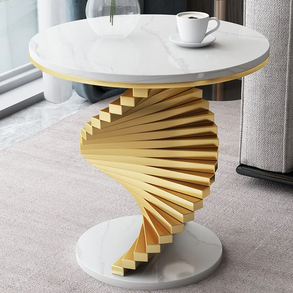Round Marble Tabletop End Table with Metal Frame Modern Black & Gold Side Table