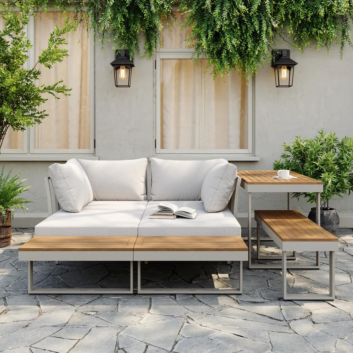Slatera Outdoor Acacia & Aluminum Modular Sofa Set in Dark Gray with Black Cover — image 5
