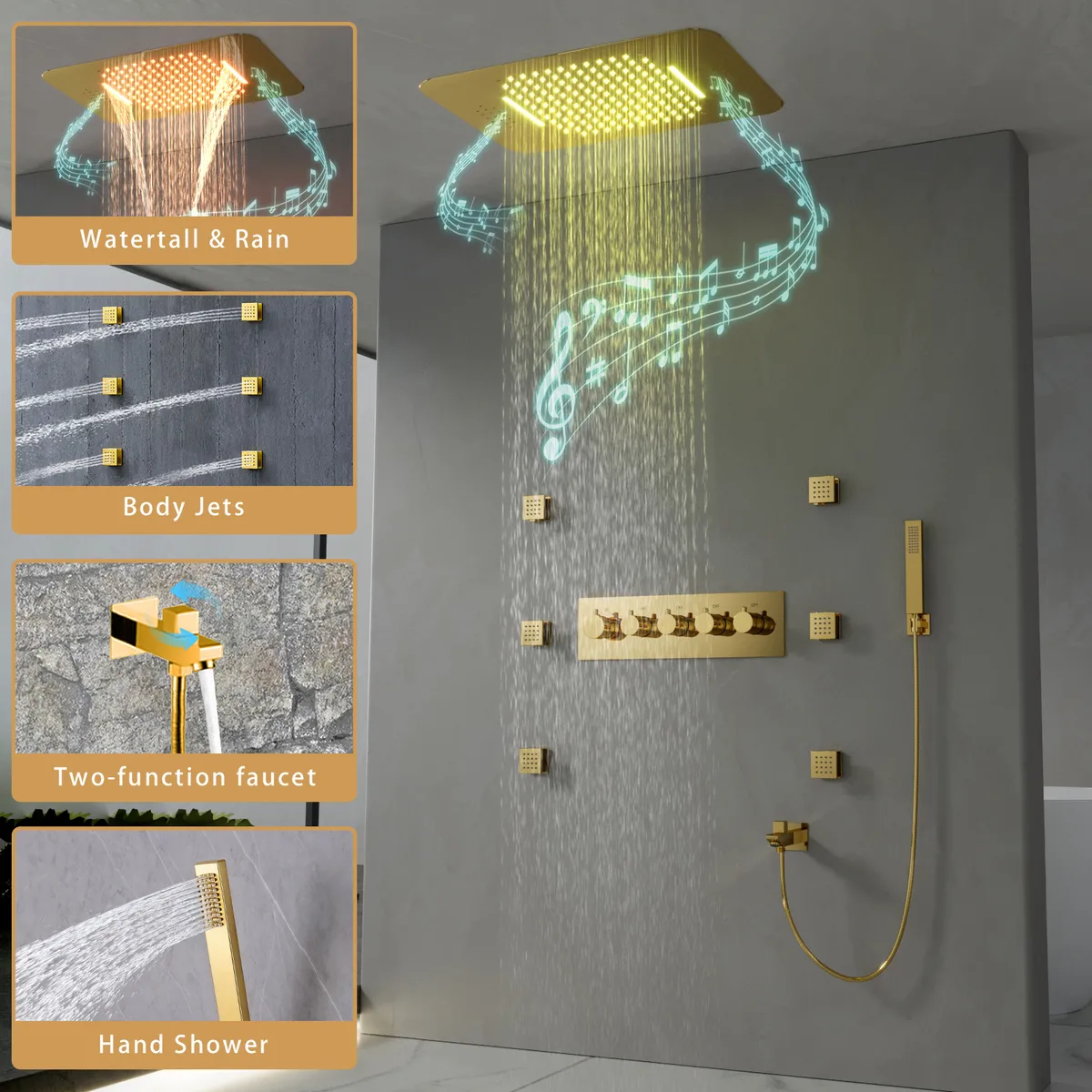 Wall-Mounted Shower System in Gold Thermostatic 4 Functions — image 3