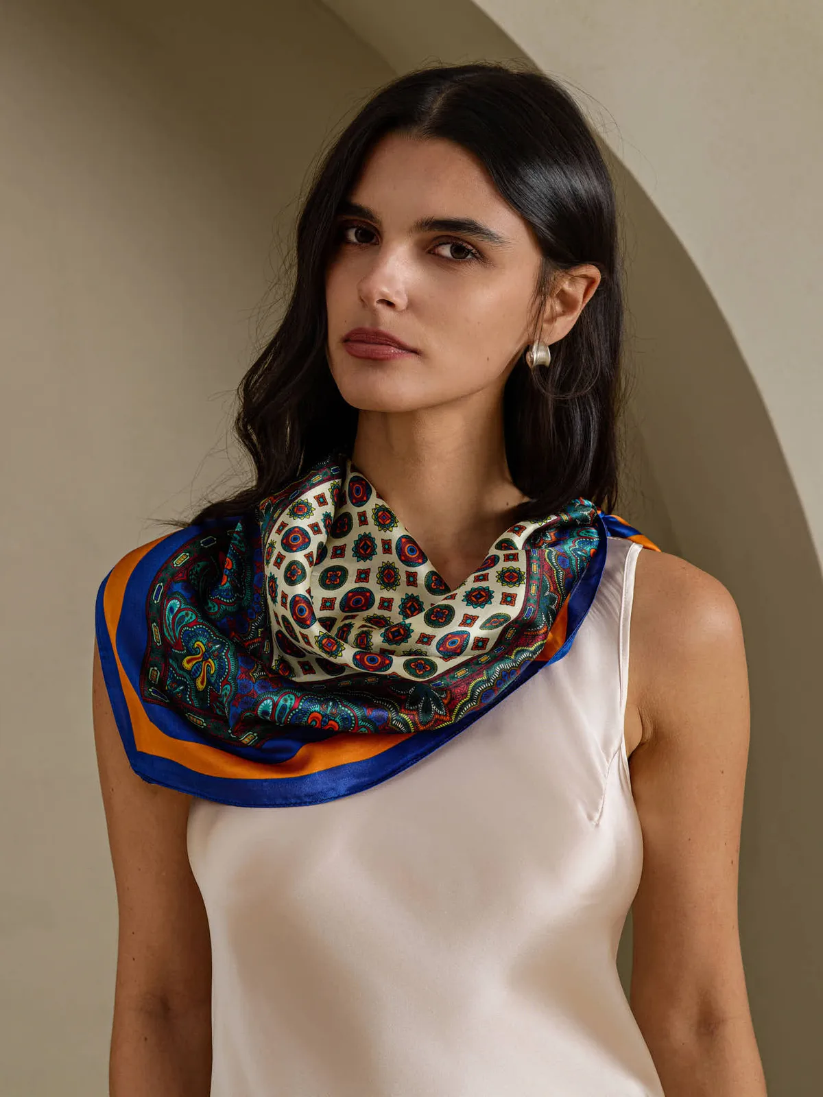 Pure Silk Paisley Geometric Print Square Scarf -Size 70x70cm — image 4