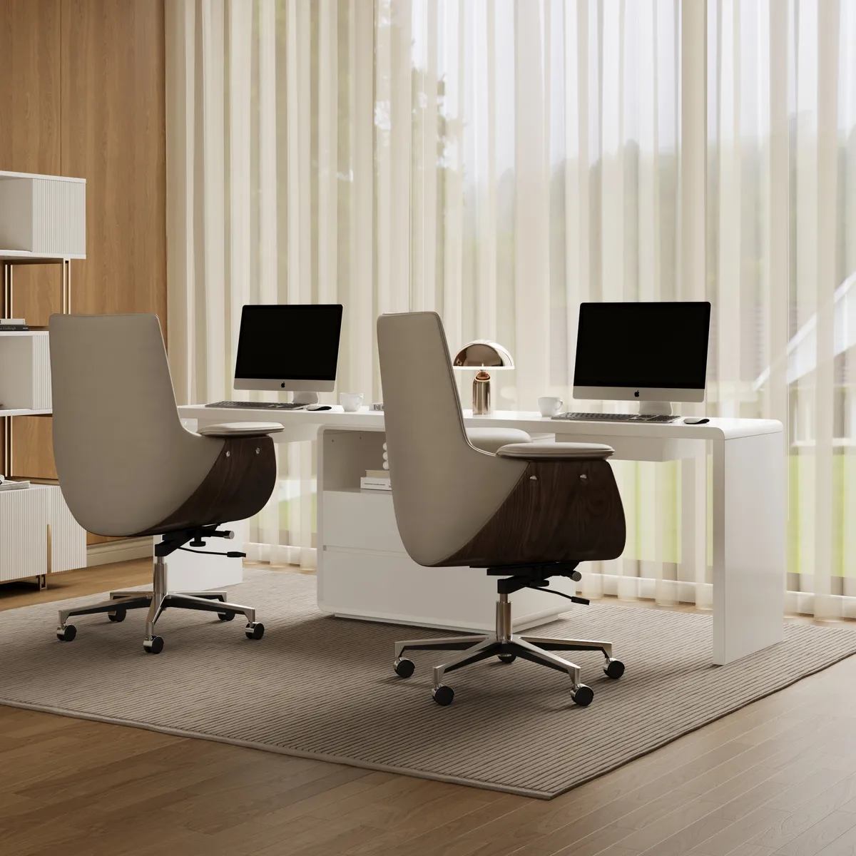 White Double Desk with Drawers & 2 Ivory PU Leather Modern Home Office Chairs — image 11