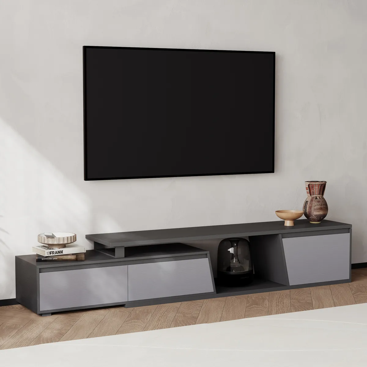 Fero Minimalist Rectangle Gray Extendable TV Stand with 3 Drawers Up — image 15