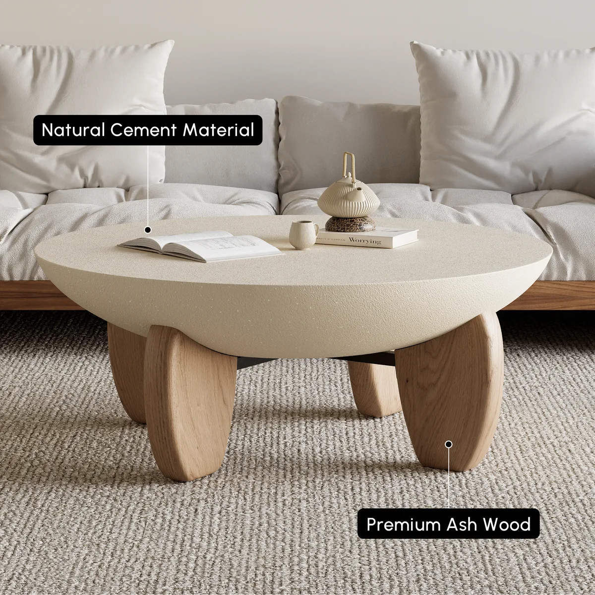 Curva Round Concrete Walnut Coffee Table with Wood Legs — image 24
