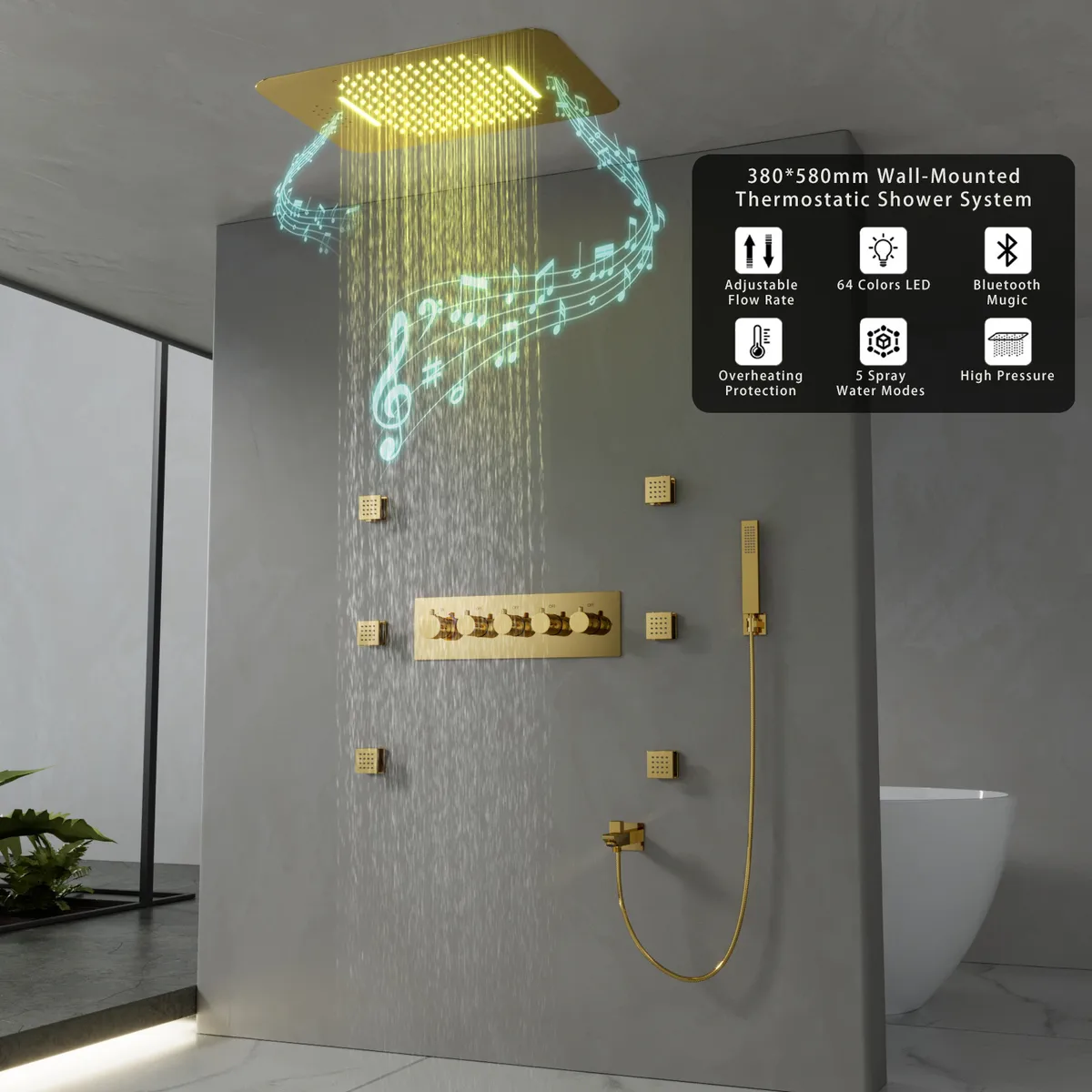Wall-Mounted Shower System in Gold Thermostatic 4 Functions — image 2