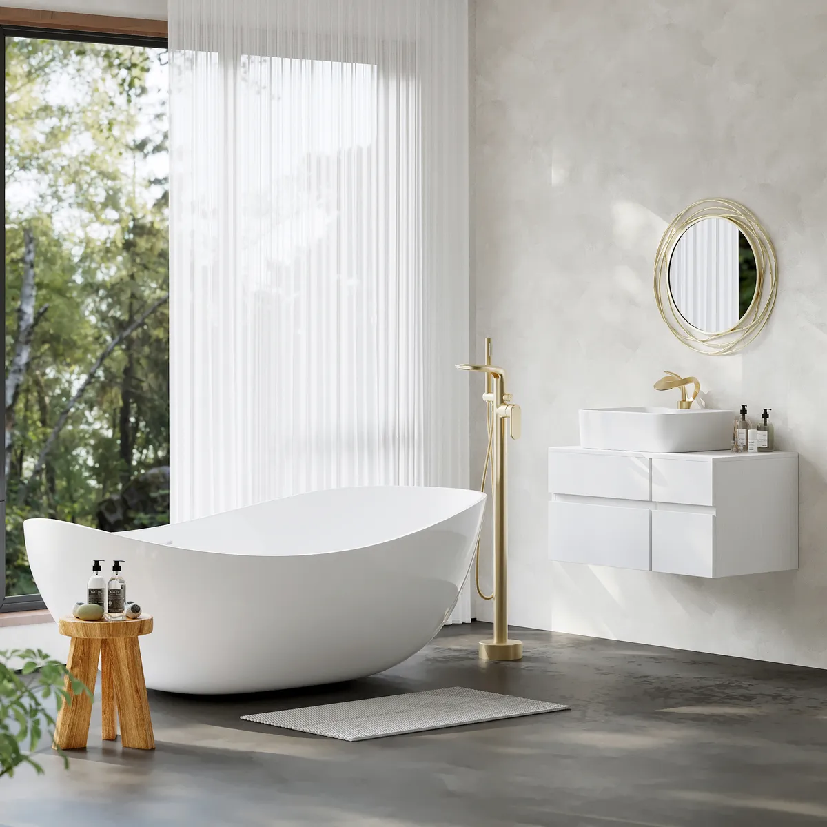 31.5" Walnut Floating Bathroom Vanity Left Offset Ceramic Vessel Sink — image 15