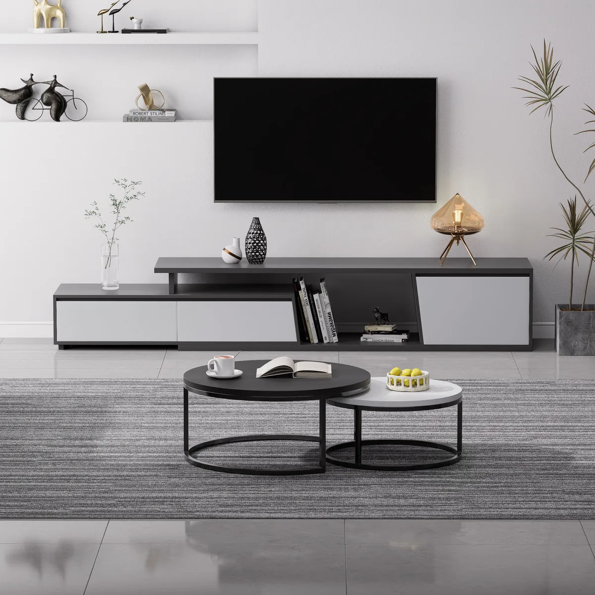 Fero Minimalist Rectangle Gray Extendable TV Stand with 3 Drawers Up — image 25