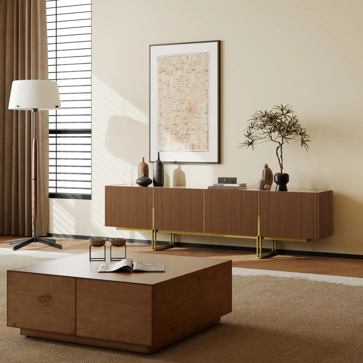 87" Stone Top Walnut TV Stand Minimalist Media Console with 4 Doors & 6 Shelves — image 7