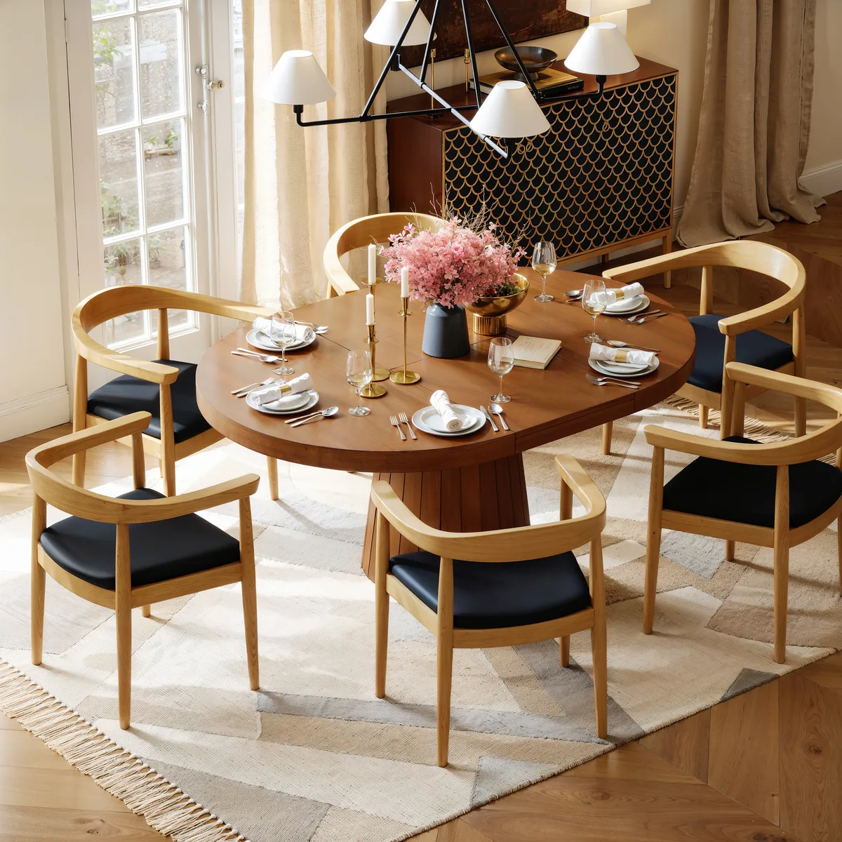 Japandi 39"-55" Extendable Dining Table for 6 White Oval&Round Table Pedestal — image 22