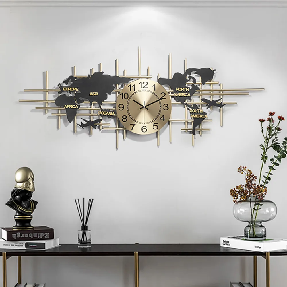 38" Modern Metal Large Map Wall Clock Decor Creative Silent Clocks Art for Living Room — image 2