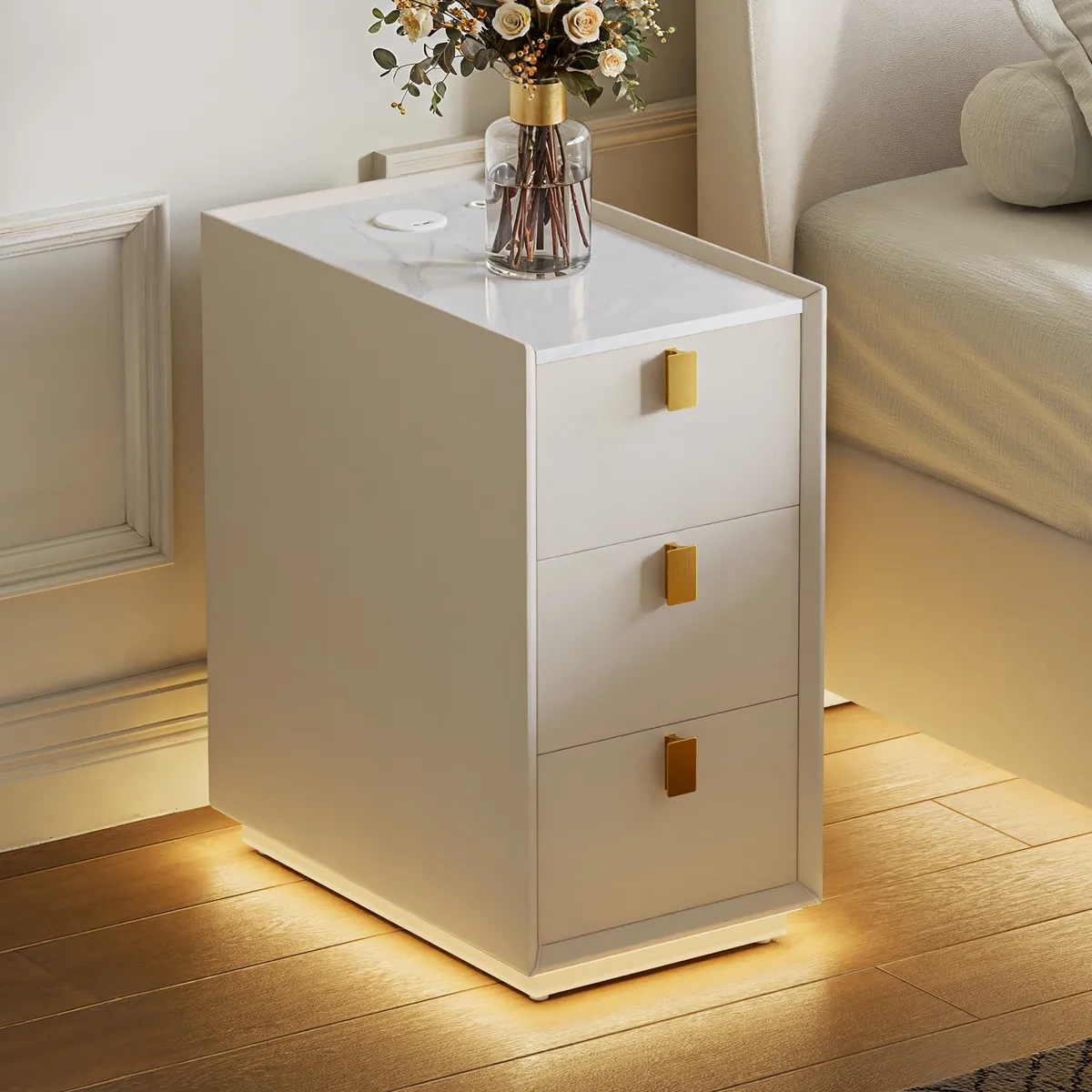 3-Drawer Narrow Bedside Table Faux Leather with Built-in Charging Station | Adjustable Lighting |Sintered Stone Top