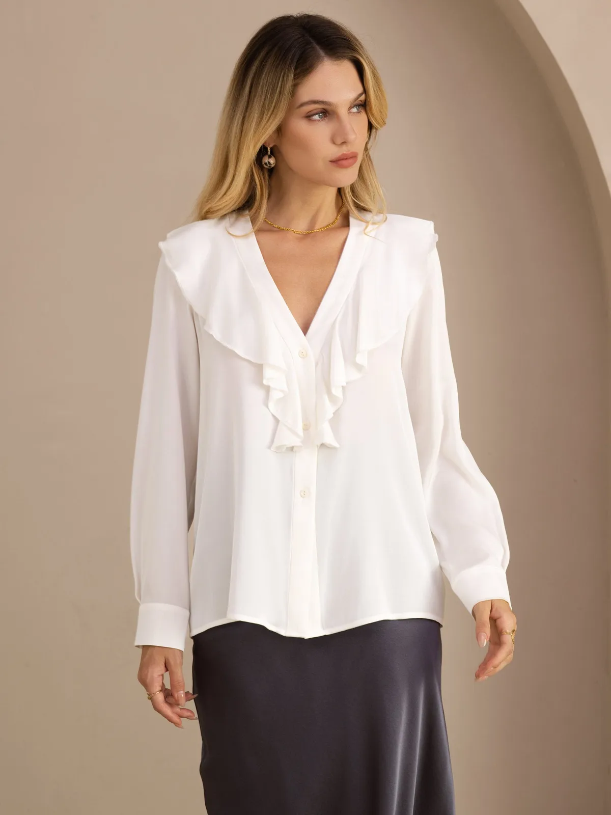 19Momme Silk Women’s Ruffle V Neck Long Sleeve Blouse