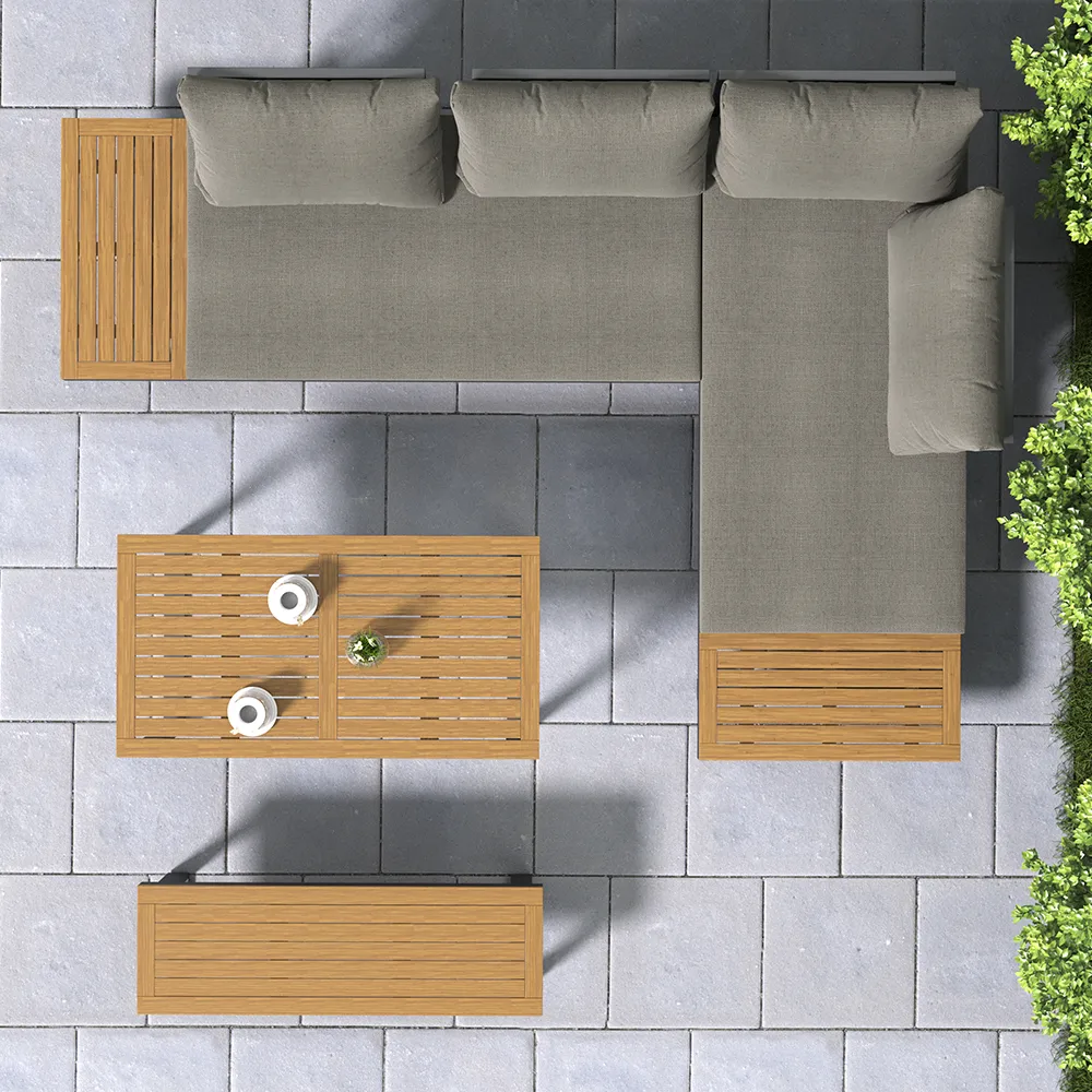 Aluminum Wood Outdoor Sectional Sofa & Propane Gas Fire Pit Table With Glass Wind Guard — image 6