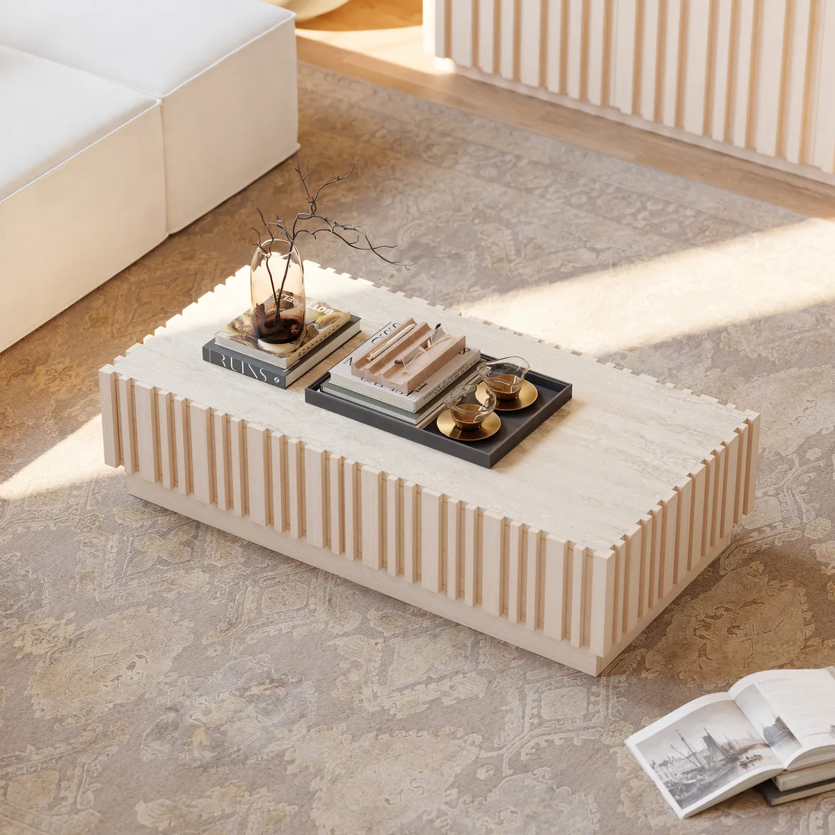 Aura 47" Ash Wood Slatted Coffee Table with Sintered Stone Top — image 3