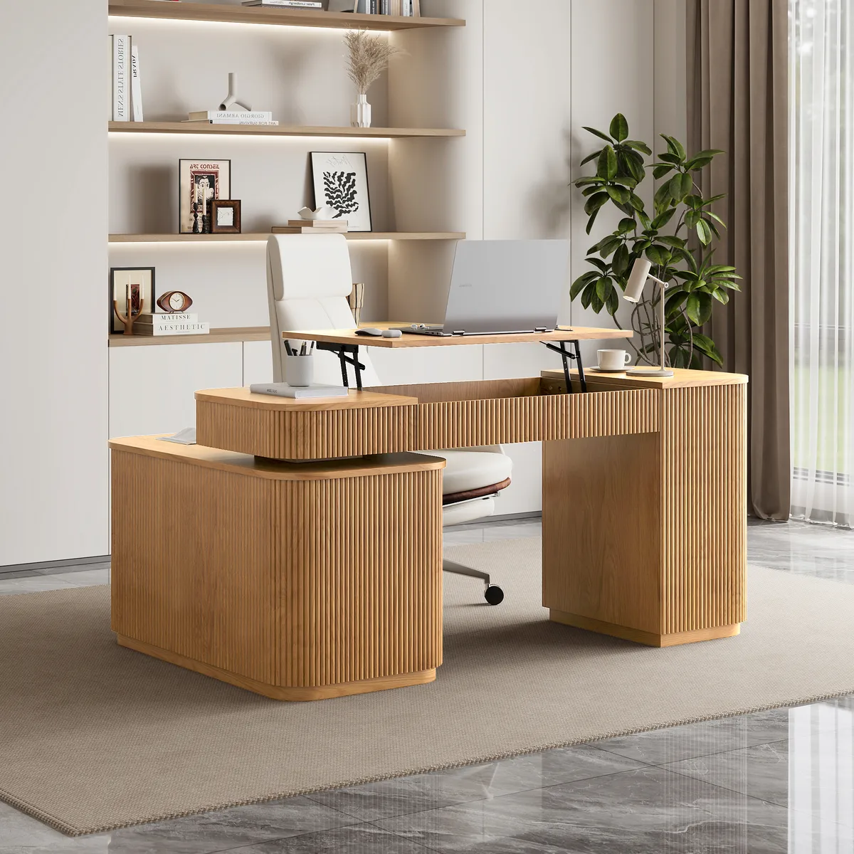 Modern 65" L-Shape Natural Executive Desk with Right-Side Cabinet — image 14