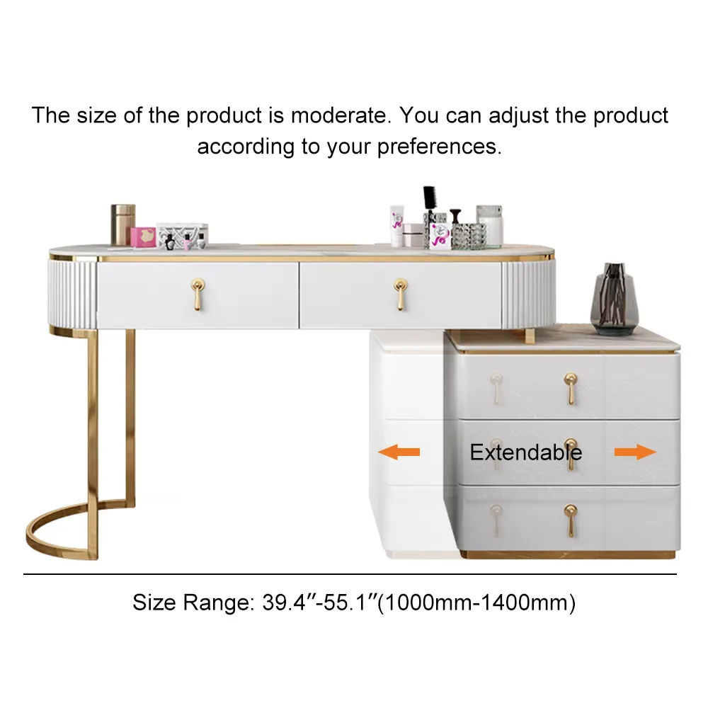 Nordic Makeup Vanity Extendable with 5-Drawer Dressing Table with Stone Top in Champagne — image 16