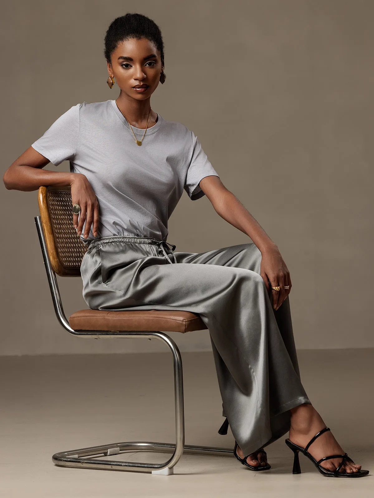 100% Mulberry Silk Wide Leg Women's Pants with Elastic Waist Design — image 4