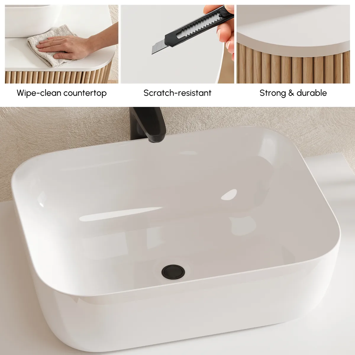 32" Fluted Freestanding Bathroom Vanity with Vessel Sink, 3-Drawers, Sintered Stone top — image 5