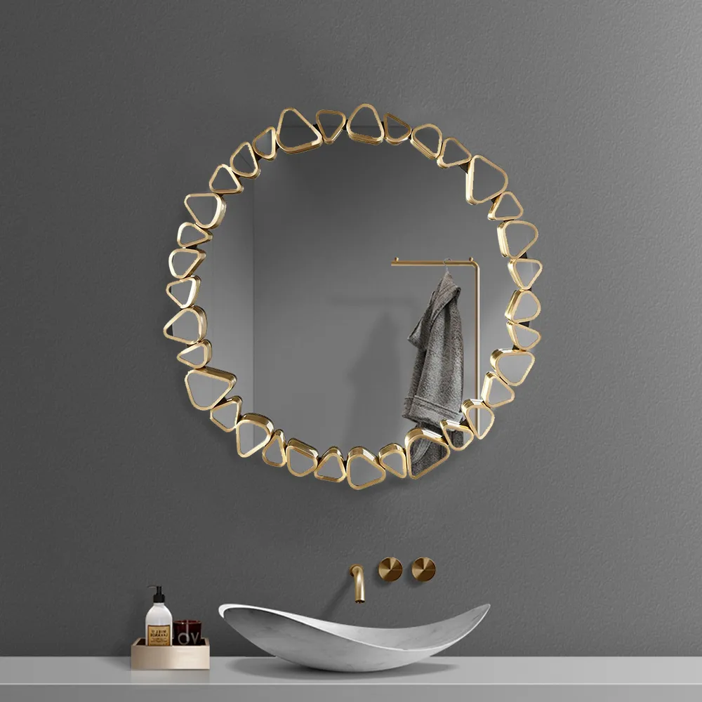 23.6" Modern Large Gold Round Pebble Wall Mirror Decor with Geometric Frame Living Room — image 9