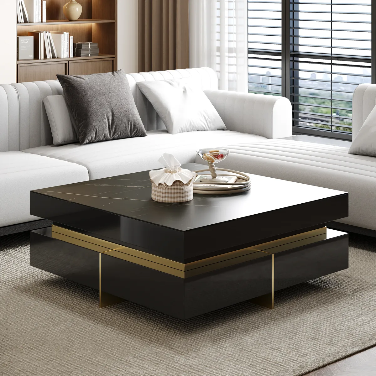 Black Modern Square Coffee Table with Drawers — image 4