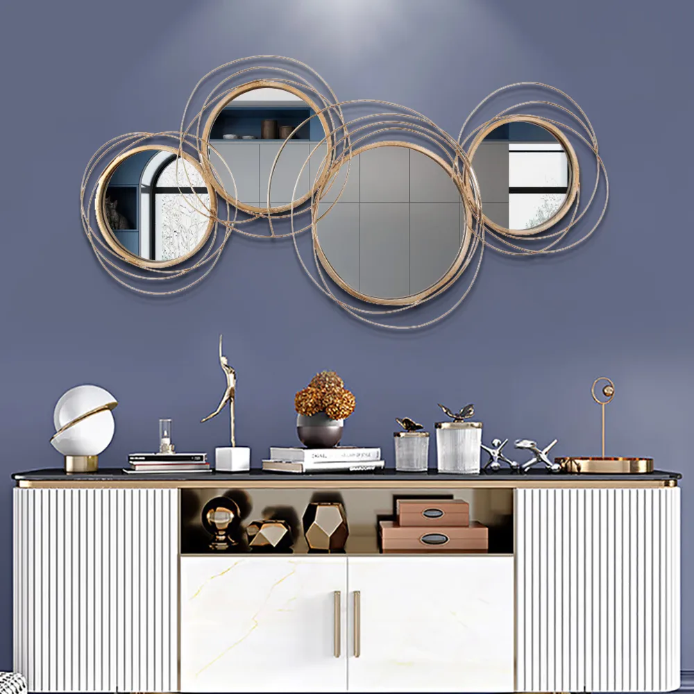 Modern Luxury Large Gold Round Wall Mirror Creative 3D Overlapping 4 Rings Metal Decor — image 3