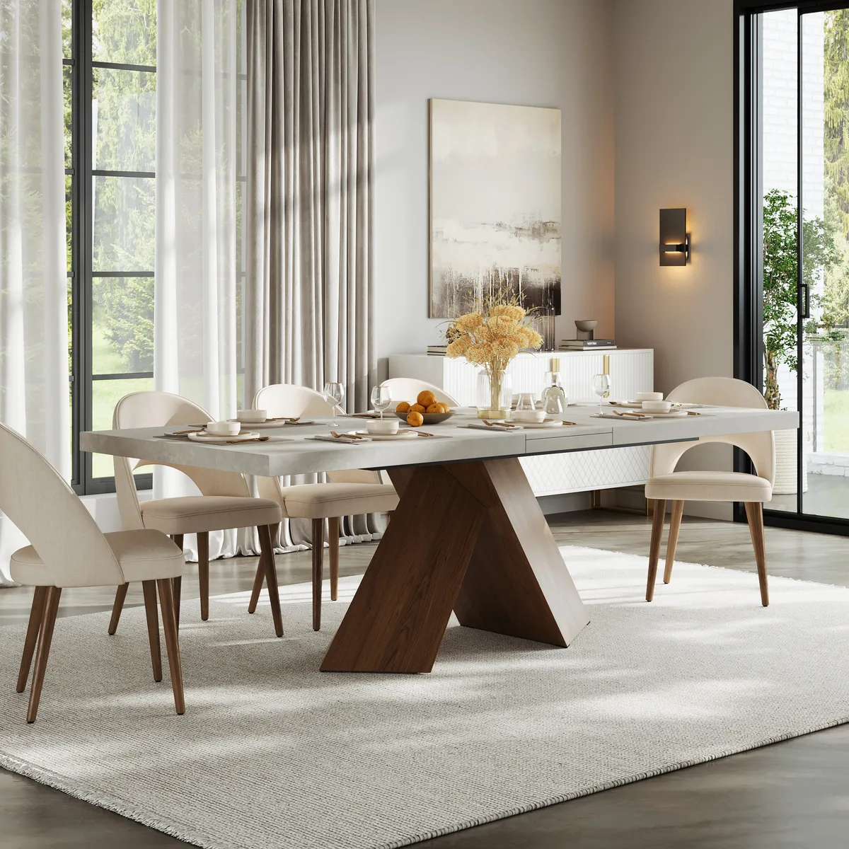 63"-79" Extendable Walnut Dining Table Modern Farmhouse Rectangle 4-6 Seater Pedestal — image 13