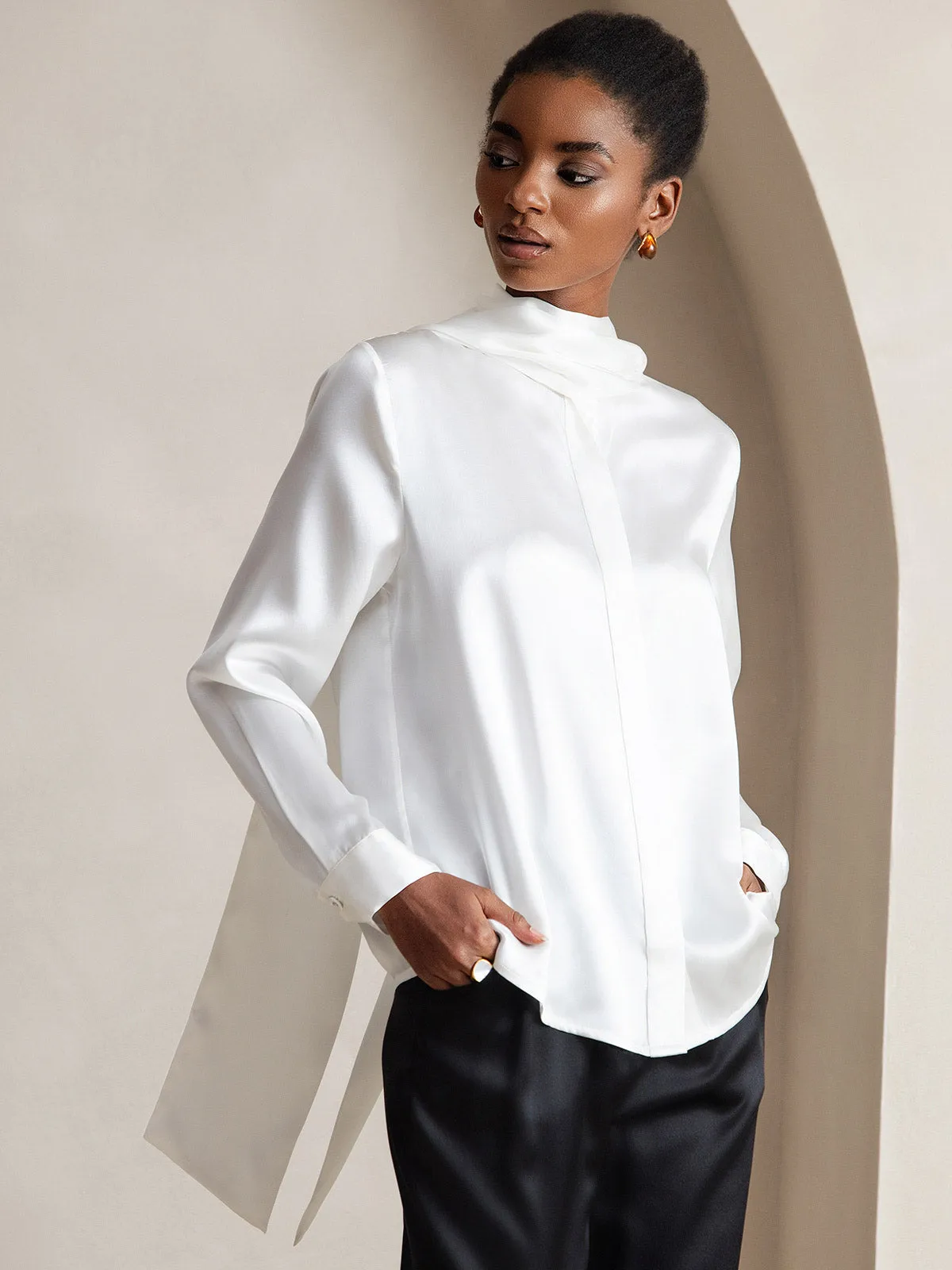 19Momme Silk Long Sleeve High Neck Bow Tie Blouse — image 5